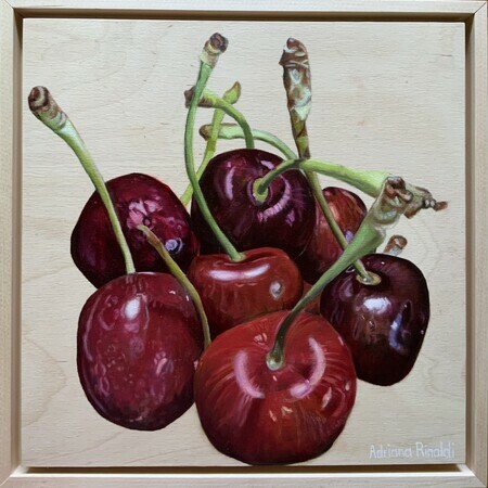 Cherries Jubilee, Oil on Board, 12x12, comes with matching frame, Summer & Grace Gallery